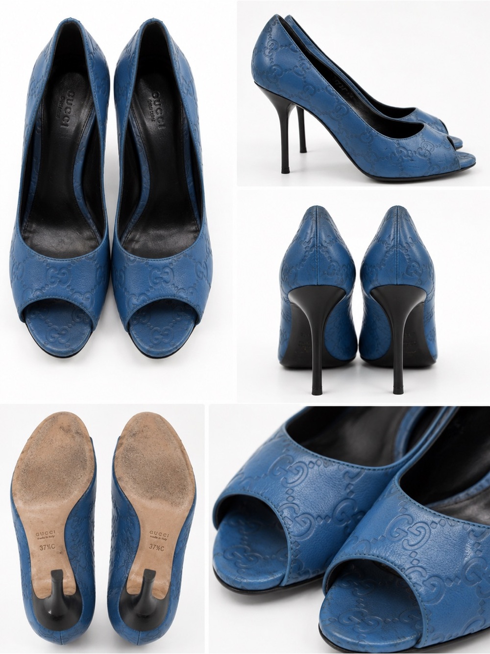Gucci Blue Embossed Leather Open-Toe Stiletto Pumps
